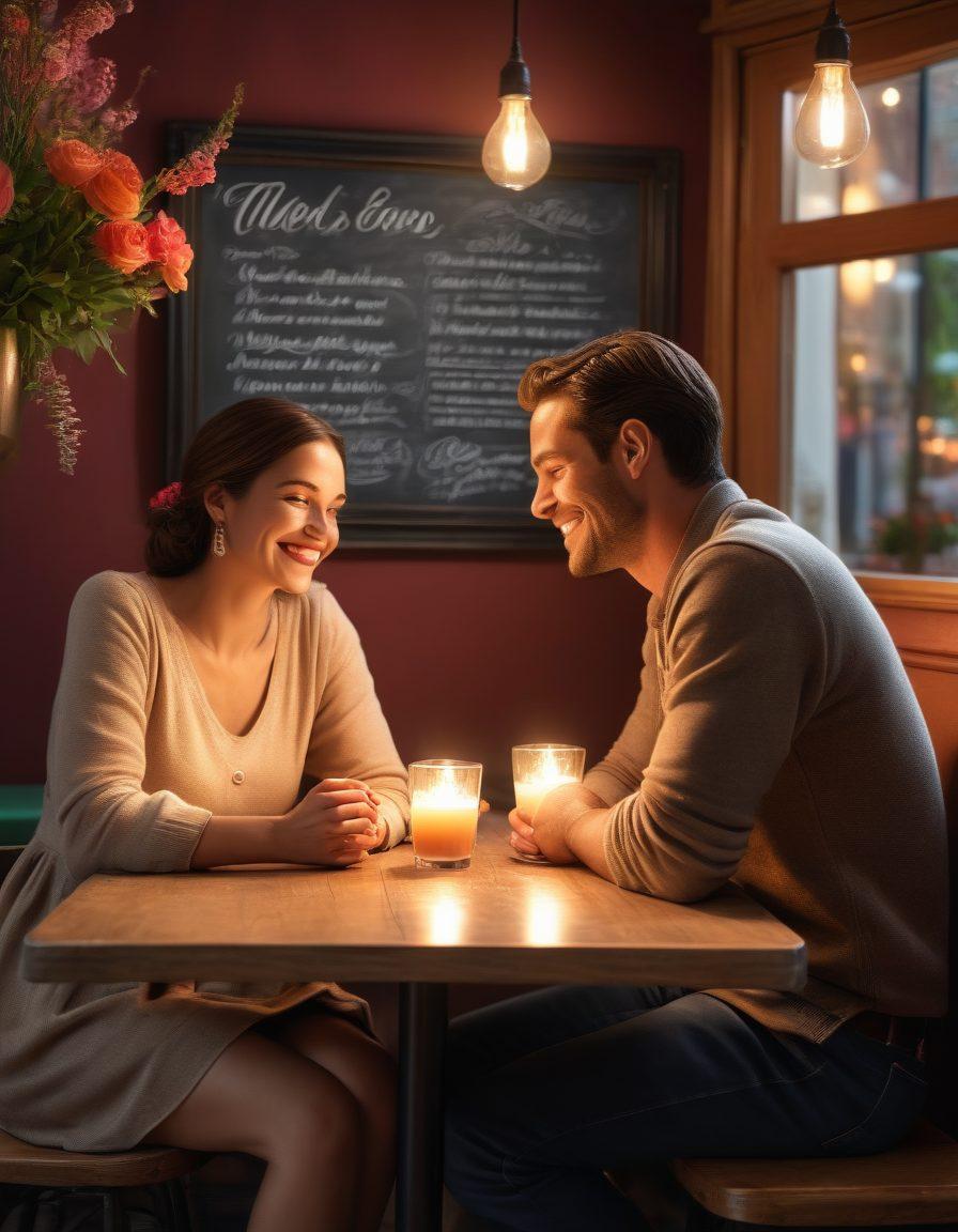 A warm, inviting scene of a couple sharing a heartfelt moment in a cozy café, surrounded by soft lighting and beautiful flowers, showcasing them engaged in deep conversation with smiles on their faces. In the background, a chalkboard menu hints at love-themed drinks. The atmosphere radiates connection and adoration, evoking feelings of passion and intimacy. super-realistic. vibrant colors. warm tones.