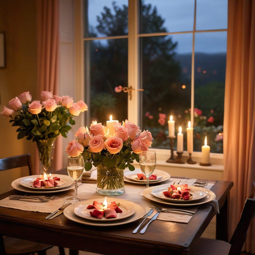 A cozy candlelit dinner setting for two, with soft rose petals scattered across the table, and two elegantly set plates with gourmet food. In the background, a gentle fireplace glows creating warmth, while a starry night sky is visible through a window, enhancing the romantic atmosphere. Include subtle hints of greenery from plants around, giving a sense of intimacy and connection. soft focus. warm tones. heartwarming vibe.