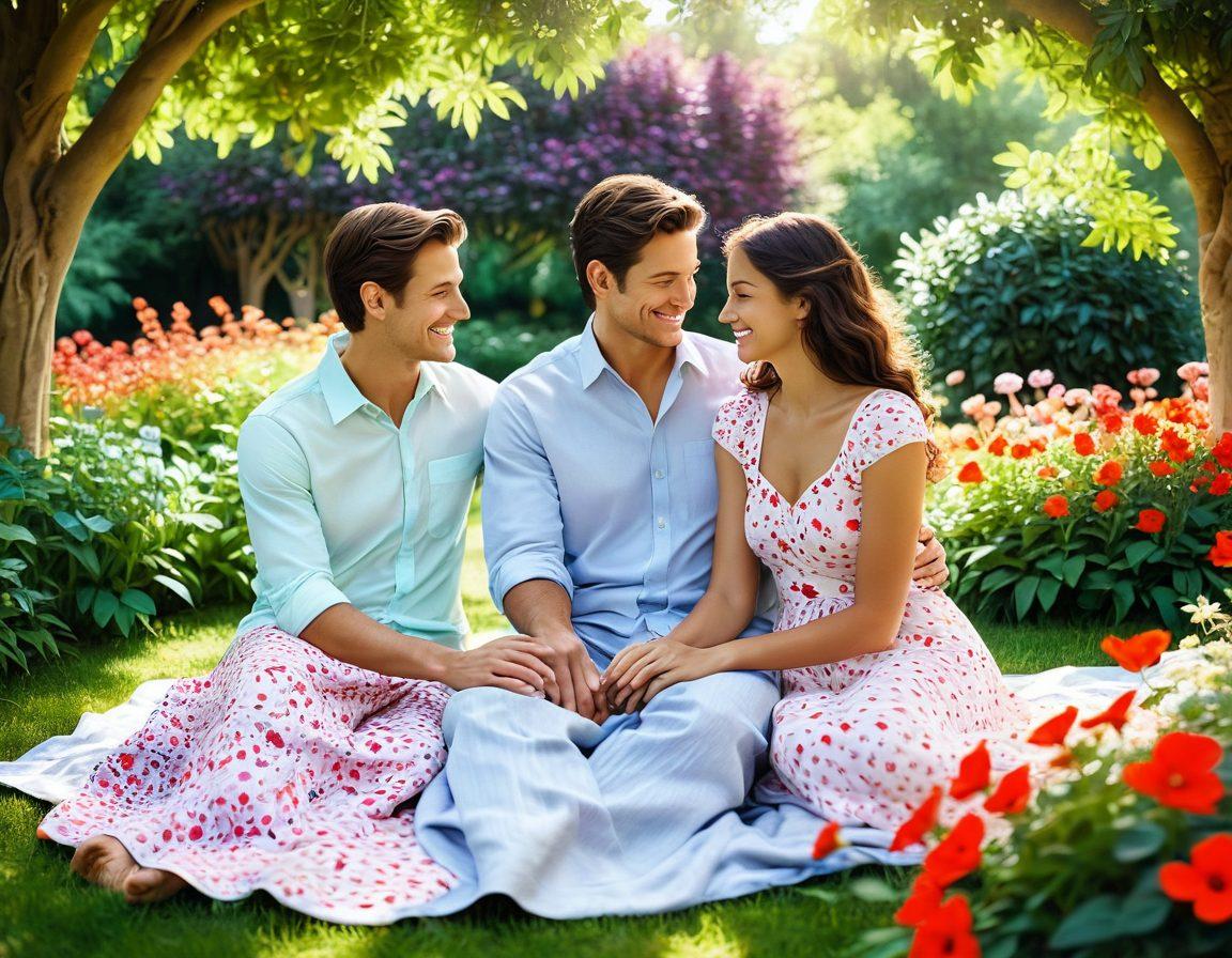 A serene couple holding hands, surrounded by a lush garden filled with blooming flowers symbolizing love and growth. Bright sunlight filters through the leaves, casting soft shadows on their smiling faces. Heartfelt symbols like intertwined hearts and gentle butterflies float around them, enhancing the theme of intimacy and connection. A cozy picnic setup with a blanket and picnic basket in the background represents shared moments. vibrant colors. super-realistic.